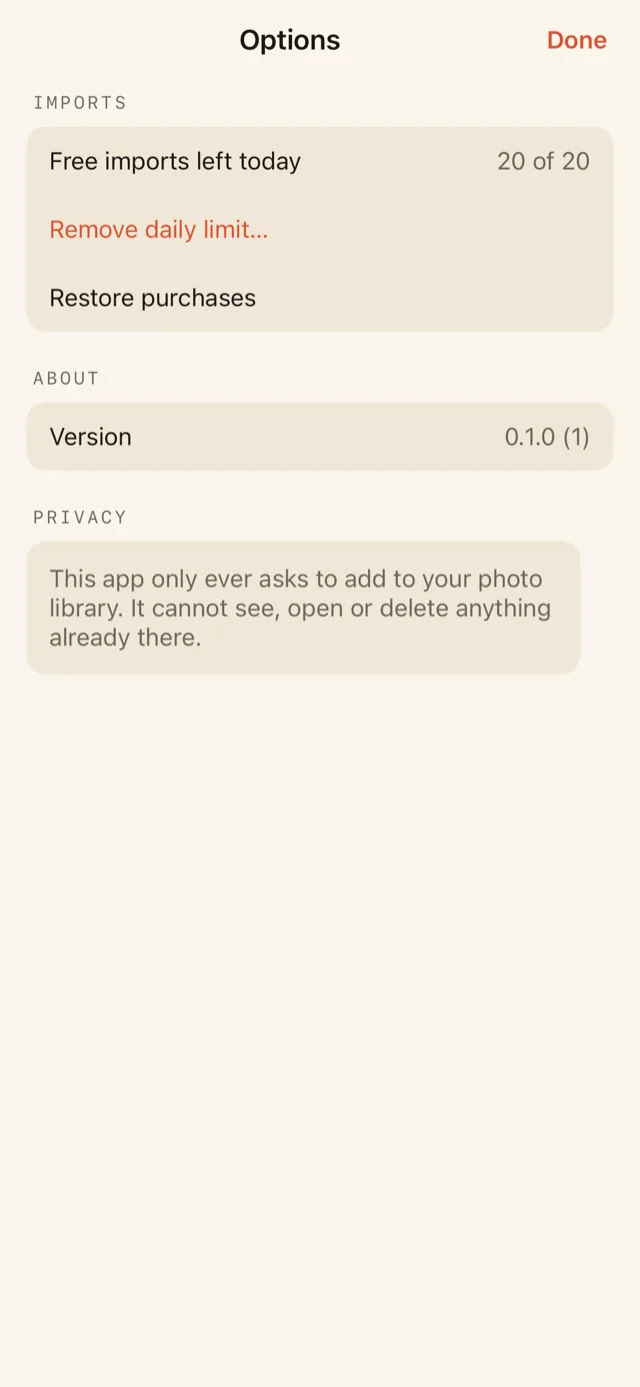 Options screen showing free daily imports and privacy note