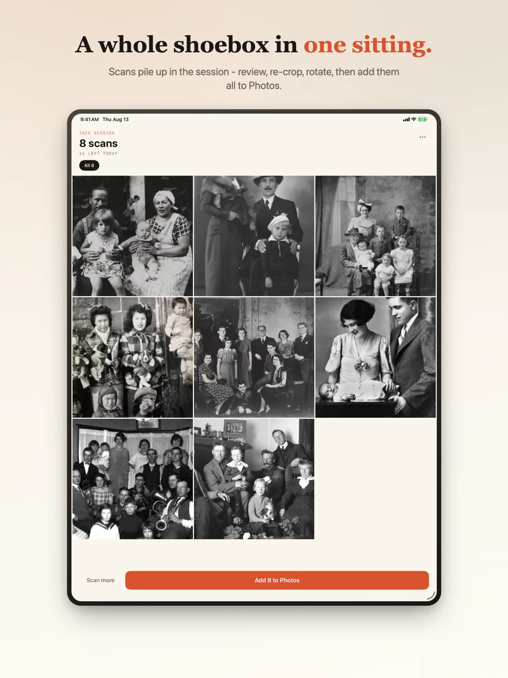 iPad review grid of eight scanned vintage prints from this session
