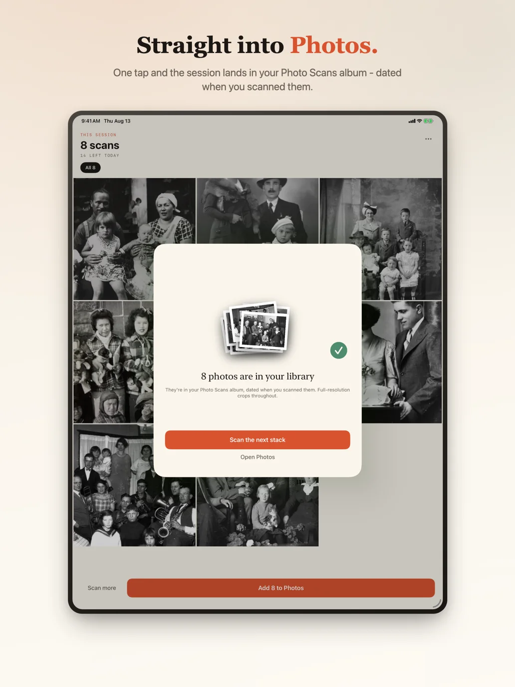 iPad import success: eight photos landed in the Photo Scans album