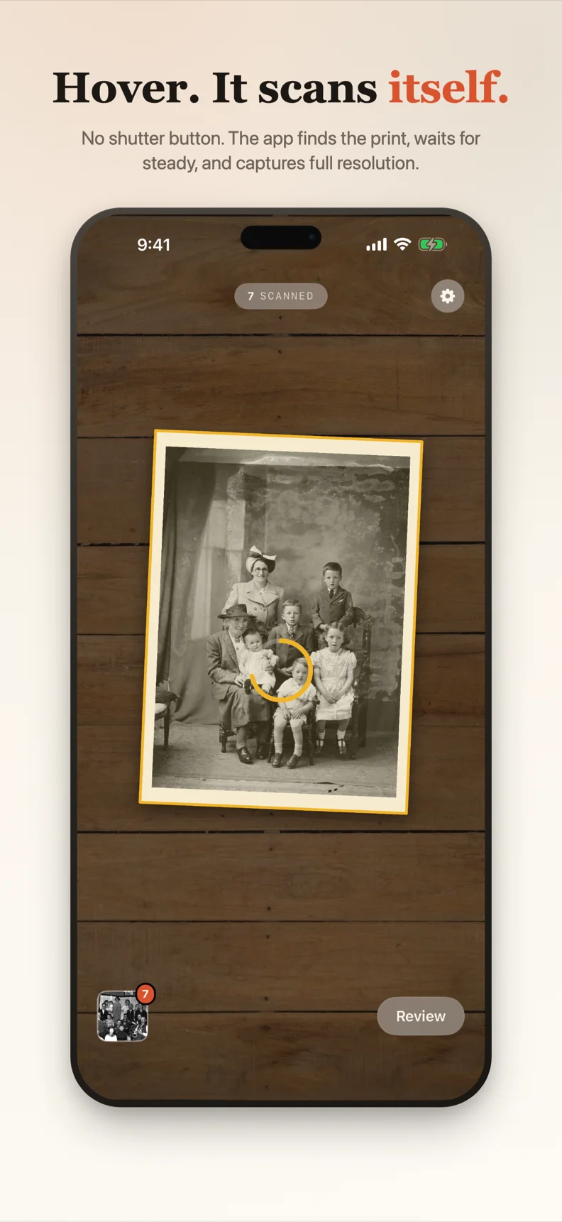 iPhone scan: hover over a print on a wood table, locked edges and stability ring