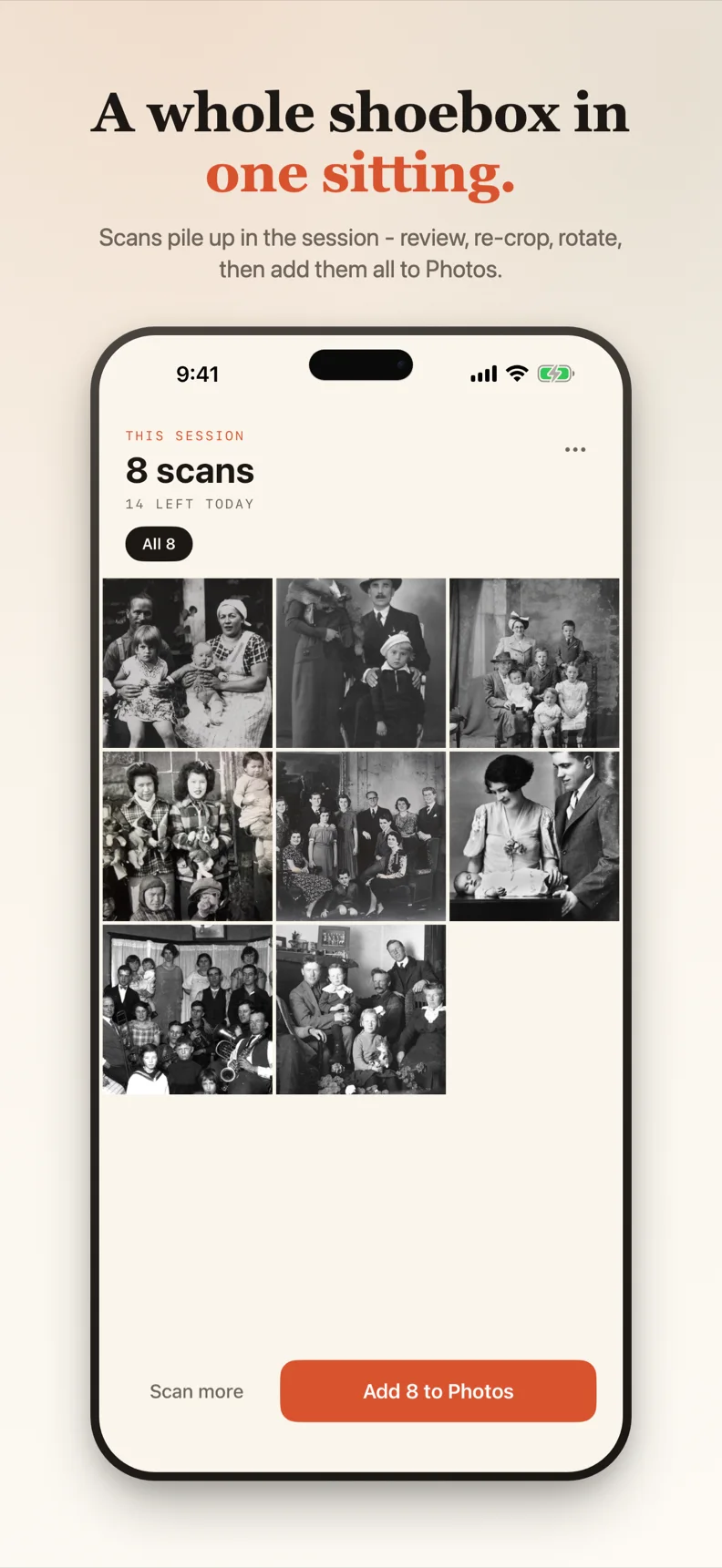 iPhone review grid of eight scanned vintage prints from this session
