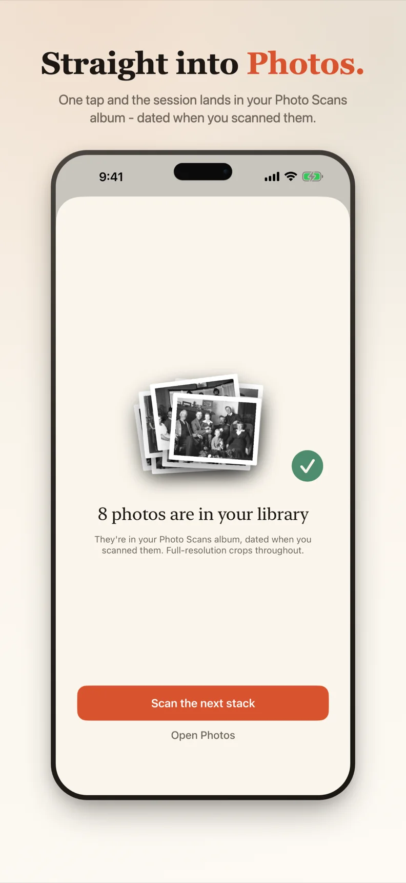 iPhone import success: eight photos landed in the Photo Scans album